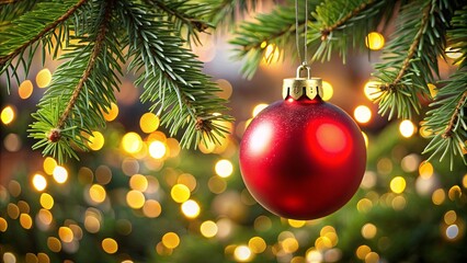 Obraz premium A single red ornament hangs on a branch, adorned with glistening lights, capturing the essence of winter festivity.
