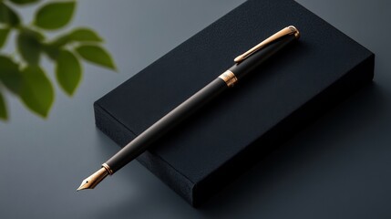 Elegant fountain pen on a sleek black box with greenery in the background