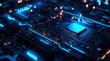 Obraz premium Close-up of a Circuit Board with a Blue-lit Processor