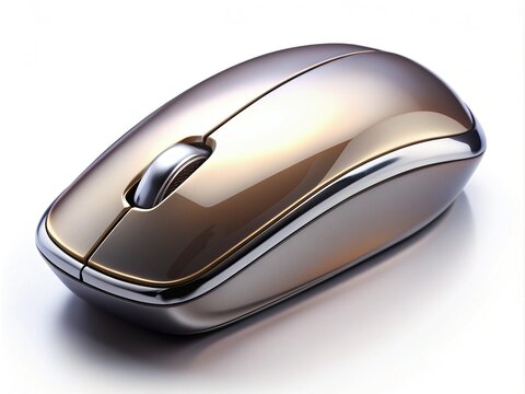 A shiny metallic computer mouse with a prominently displayed left-click button sits isolated on a sleek white background, ready for digital navigation.