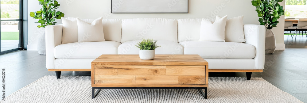 Poster White sectional sofa with a wooden coffee table in a modern living room.