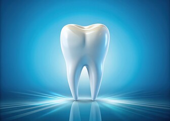 A solitary, gleaming white tooth stands upright on a soft, gradient blue background, showcasing intricate details and subtle shine, isolated from the rest.
