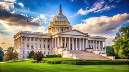 Fototapeta premium A stately, columned building stands alone in a tranquil landscape, symbolizing the democratic institution of the nation's legislative branch in a peaceful atmosphere.
