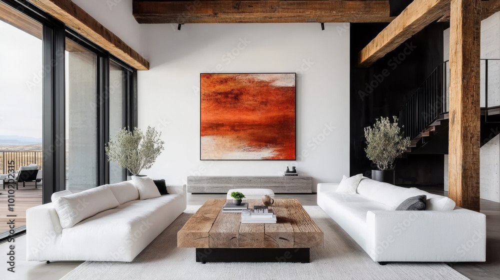 Poster Modern living room with white sofas and a large abstract painting.