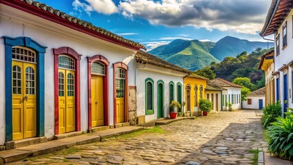 Fototapeta premium Colorful colonial-style buildings with ornate doors and windows line the cobblestone streets of Paraty, a historic town in southeastern Brazil surrounded by lush green hills.