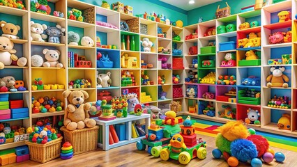 Naklejka premium Colorful toys and games fill shelves in a vibrant children's store, with stuffed animals, building blocks, and educational materials on display.