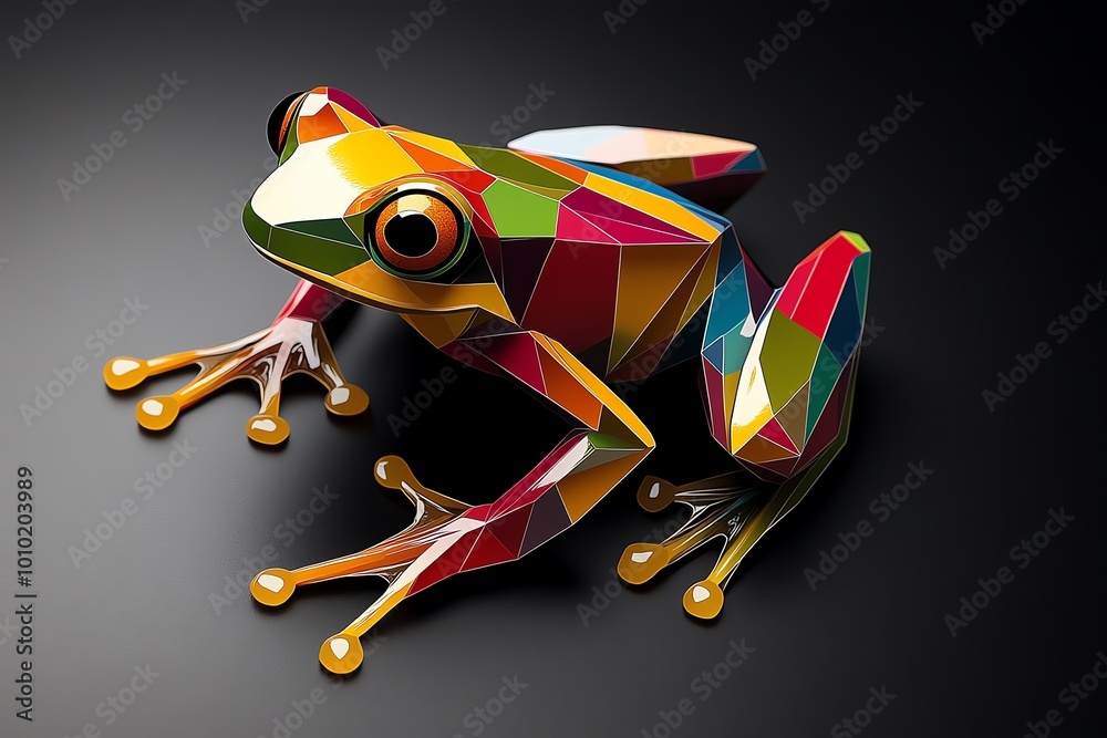 Poster Abstract minimalist design of a colorful frog, blending sharp geometric forms with bright colors to capture the essence of a poison dart frog.