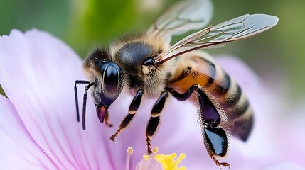 Fototapeta premium Close Up of Bee on Pink Flower with Blurred Background
