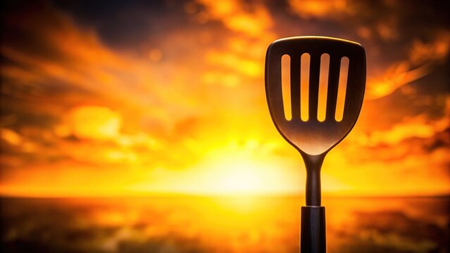 Dark kitchen utensil silhouette stands out against a bright, warm background, with soft focus and shallow depth of field emphasizing the spatchula's curved shape.