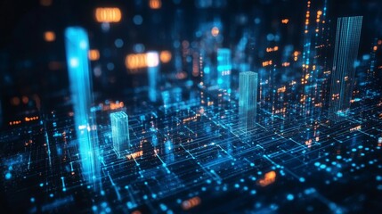 Obraz premium Digital Cityscape with Neon Lights and Data Patterns