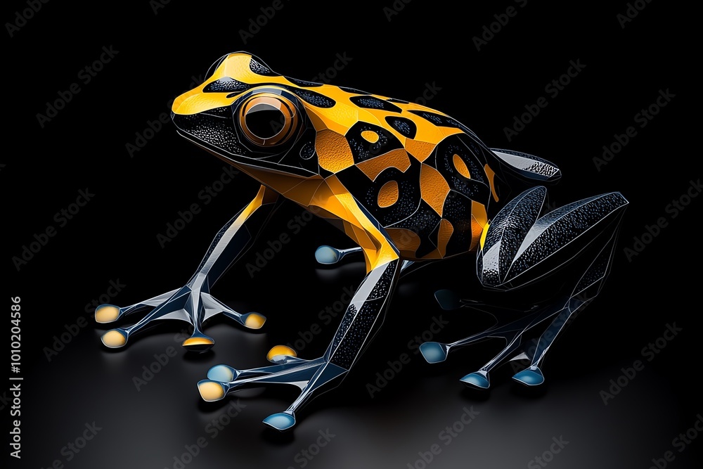 Poster Abstract minimalist design of a colorful frog, blending sharp geometric forms with bright colors to capture the essence of a poison dart frog.