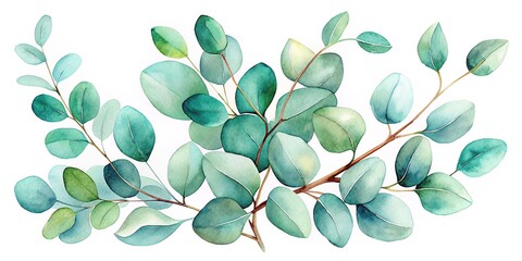 Obraz premium Delicate watercolor illustration of eucalyptus leaves and branches, showcasing soft, rounded foliage and gentle stems in calming shades of green and blue.