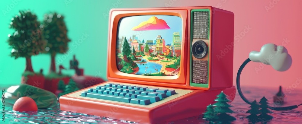 Fototapete retro computer displaying a cityscape with a cloud in the sky