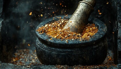 Mortar and pestle grinding spices with flying particles.