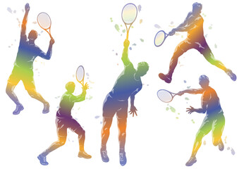 Vector Tennis Players Colorful Gradation Silhouette Illustration Set Isolated On A White Background. 