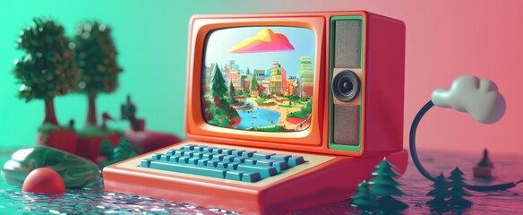 Retro Computer Displaying a Cityscape with a Cloud in the Sky