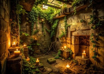 Fototapeta premium Dimly lit, damp basement with crumbling stone walls overgrown with lush, eerie vines, illuminated by faint, flickering candlelight, evoking mystery and forgotten history.