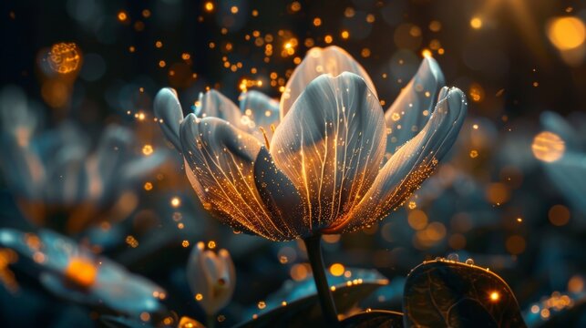close up capture of a beautiful and glowing golden flower in an enchanted forest of magical plants, the flower looks glittering and magical with high defination petals