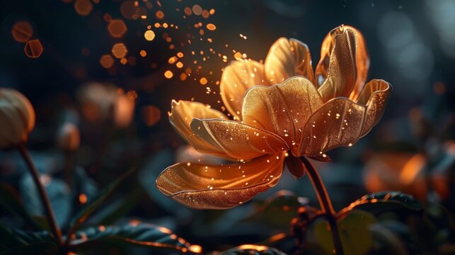 close up capture of a beautiful and glowing golden flower in an enchanted forest of magical plants, the flower looks glittering and magical with high defination petals
