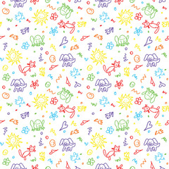 Colorful, hand-drawn pattern with various childlike doodles and symbols