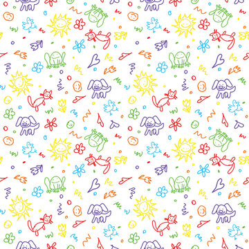 Colorful, hand-drawn pattern with various childlike doodles and symbols