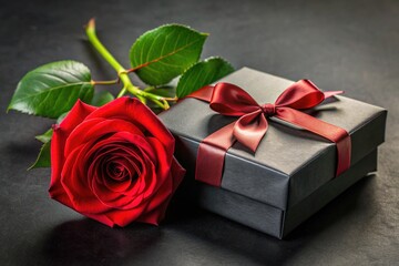 Elegant gift box adorned with a solitary long-stemmed red rose, surrounded by lush greenery, exuding romance and luxury on a soft, velvety black background.