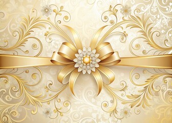 Elegant white wedding invitation with ornate gold filigree, swirling flowers, and luxurious ribbons, set against a soft, creamy background, exuding sophistication and romance.
