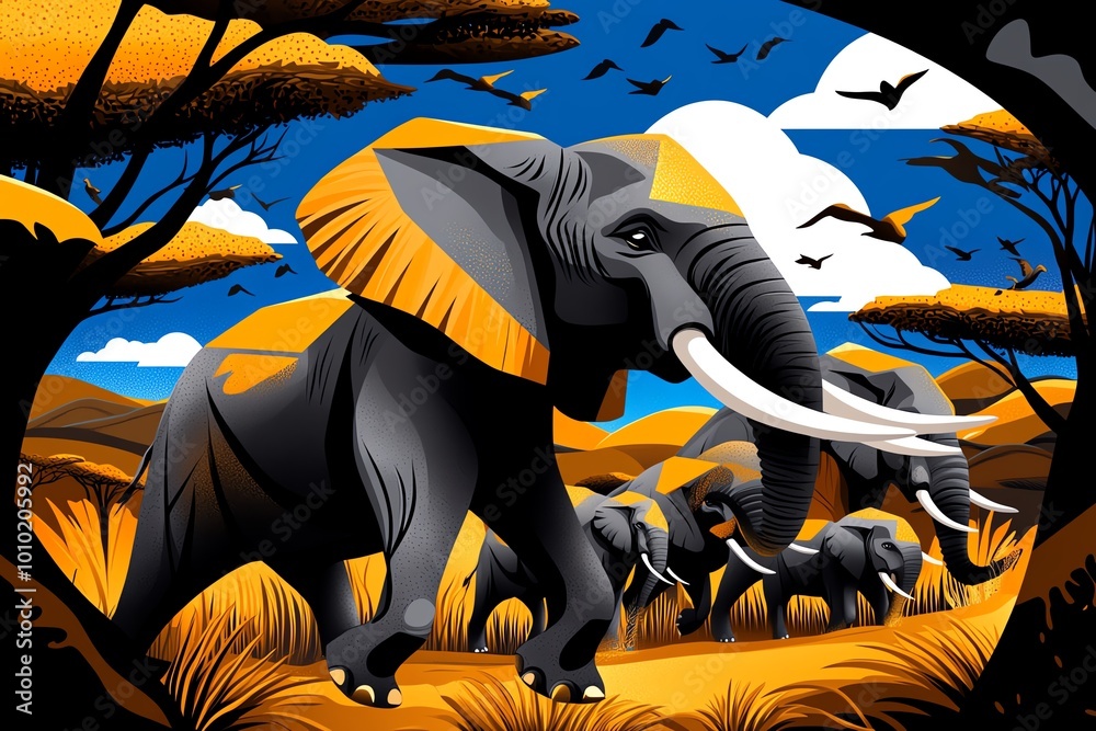 Poster abstract minimalist design of a herd of elephants walking through a savannah, with geometric shapes 