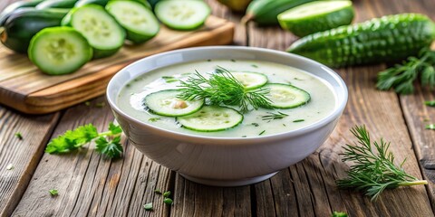 Fresh chilled cucumber soup in a crisp white bowl garnished with thin slices of cucumber and a sprinkle of dill on a rustic wooden table.