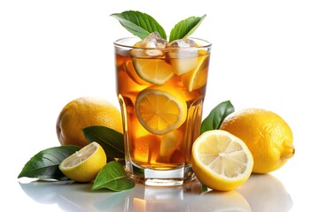 Fototapeta premium Freshly brewed iced tea poured over ice in a clear glass, garnished with a bright yellow lemon slice and leaves, isolated on a white background.