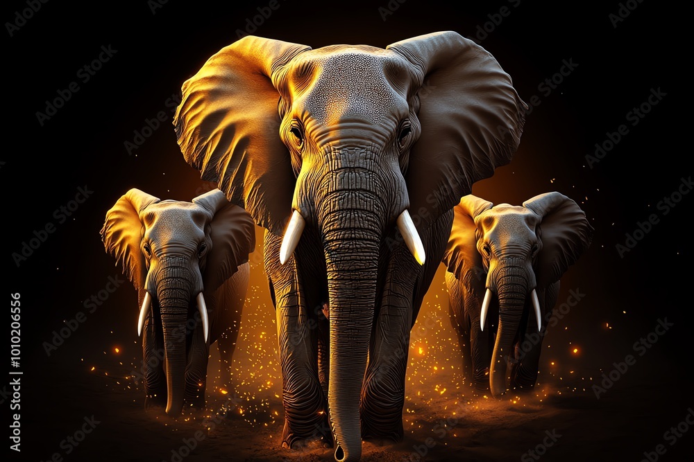 Poster abstract minimalist design of a herd of elephants walking through a savannah, with geometric shapes 