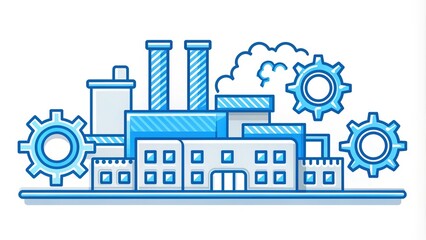 Obraz premium Glossy blue factory line icon with gears, conveyor belts, and production equipment, symbolizing industrial manufacturing and automation on a white background.