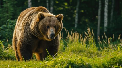 Fototapeta premium close-up of a bear in its natural habitat in autumn colors. backgrounds of amazing animals in their natural habitat