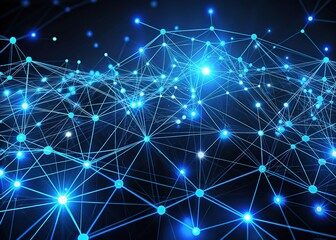 Intricate network of glowing blue lines and nodes forms a complex pattern on a dark background, representing data connections and digital infrastructure.