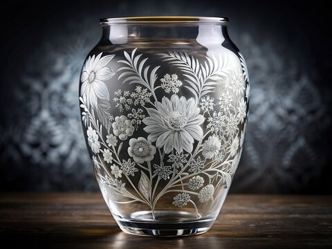 Intricately detailed floral patterns are skillfully engraved on a delicate, transparent glass vase, capturing the beauty of artisanal craftsmanship and precision design.