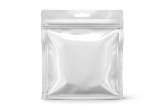 Isolated transparent plastic pouch mockup with zipper closure and rounded edges, empty and transparent on a white background, ready for product packaging design.