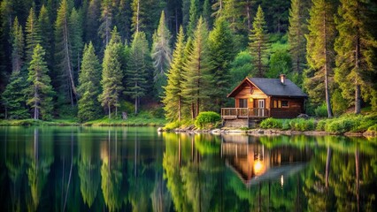 A solitary wooden cabin nestled amongst towering evergreen trees, its reflection shimmering on the surface of a tranquil, still lake.