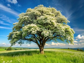 Majestic hawthorn tree stands tall in a lush green meadow, its blooming white flowers and thorny branches stretching towards a serene blue sky.