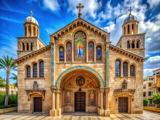Fototapeta premium Majestic ornate facade of ancient basilica adorned with intricate stone carvings, towering columns, and vibrant stained glass windows in Nazareth, Israel.