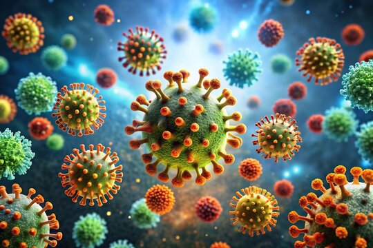 Microscopic view of viruses and bacteria suspended in_mid-air, highlighting the airborne transmission of infectious diseases through coughing, sneezing, and close proximity interactions.