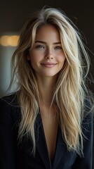 Naklejka premium A confident blonde with long hair, wearing a well-tailored suit, radiates happiness with a bright and cheerful smile. Her elegant and professional demeanor conveys warmth and confidence.