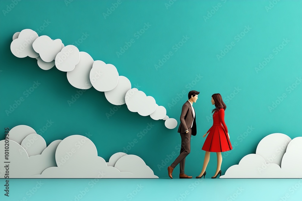 Poster Abstract minimalist design of two figures parting ways, with geometric shapes and soft colors representing the emotional distance created by goodbye