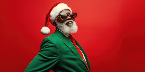 modern black Santa, fashionable, green santa suit, solid red background, copy space