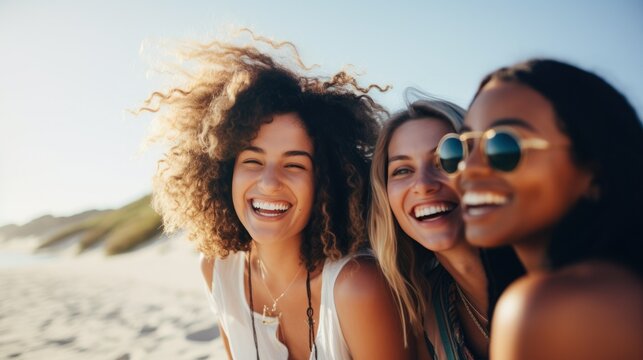 Group of diverse young people having fun at the beach in summer. Concept of happy lifestyle friendship with multicultural young people