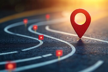 Winding road with a large red location pin marking the destination and small milestones along the journey. Strategic planning concept