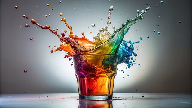 Vibrant liquid splashes out of a overflowing glass, symbolizing abundance, excess, and unbridled energy, against a stark white background with subtle shadows.