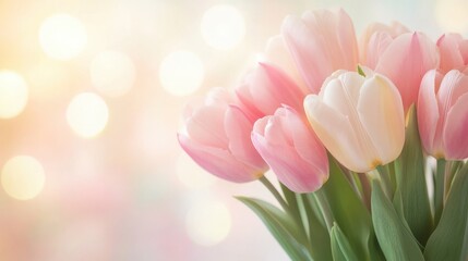 Obraz premium A bouquet of pink and white tulips is arranged in a vase