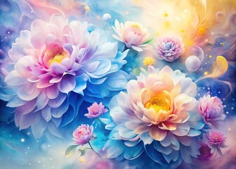 Obraz premium Vibrant watercolor petals swirl together in abstract harmony, blending soft pink, blue, and yellow hues to create a dreamy, ethereal floral composition.
