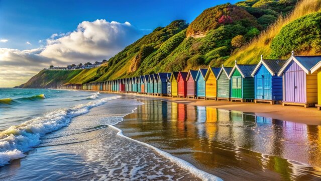 Waves gently lap at the shore of Bournemouth Beach in Dorset, England, lined with colorful beach huts and surrounded by picturesque cliffs and clear blue skies.