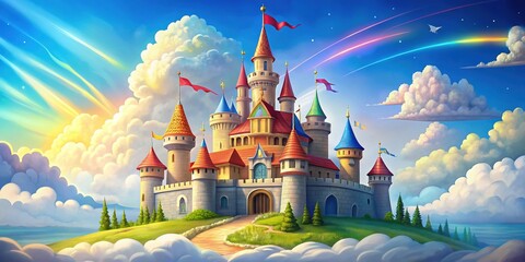 Whimsical illustration of a medieval fairy tale castle with bright colors, crenellations, and flags, surrounded by fluffy clouds and sunny blue sky.